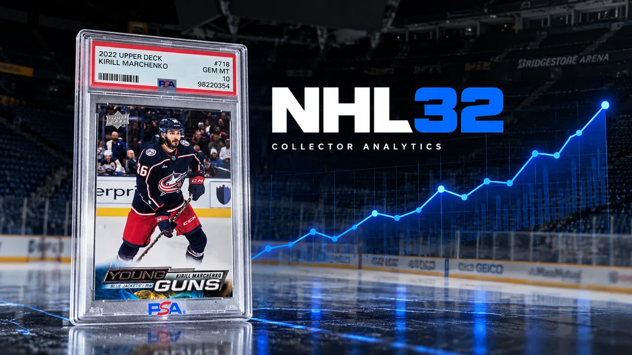 NHL32 collector analytics concept featuring a graded Kirill Marchenko hockey card and an illustrative market trend chart