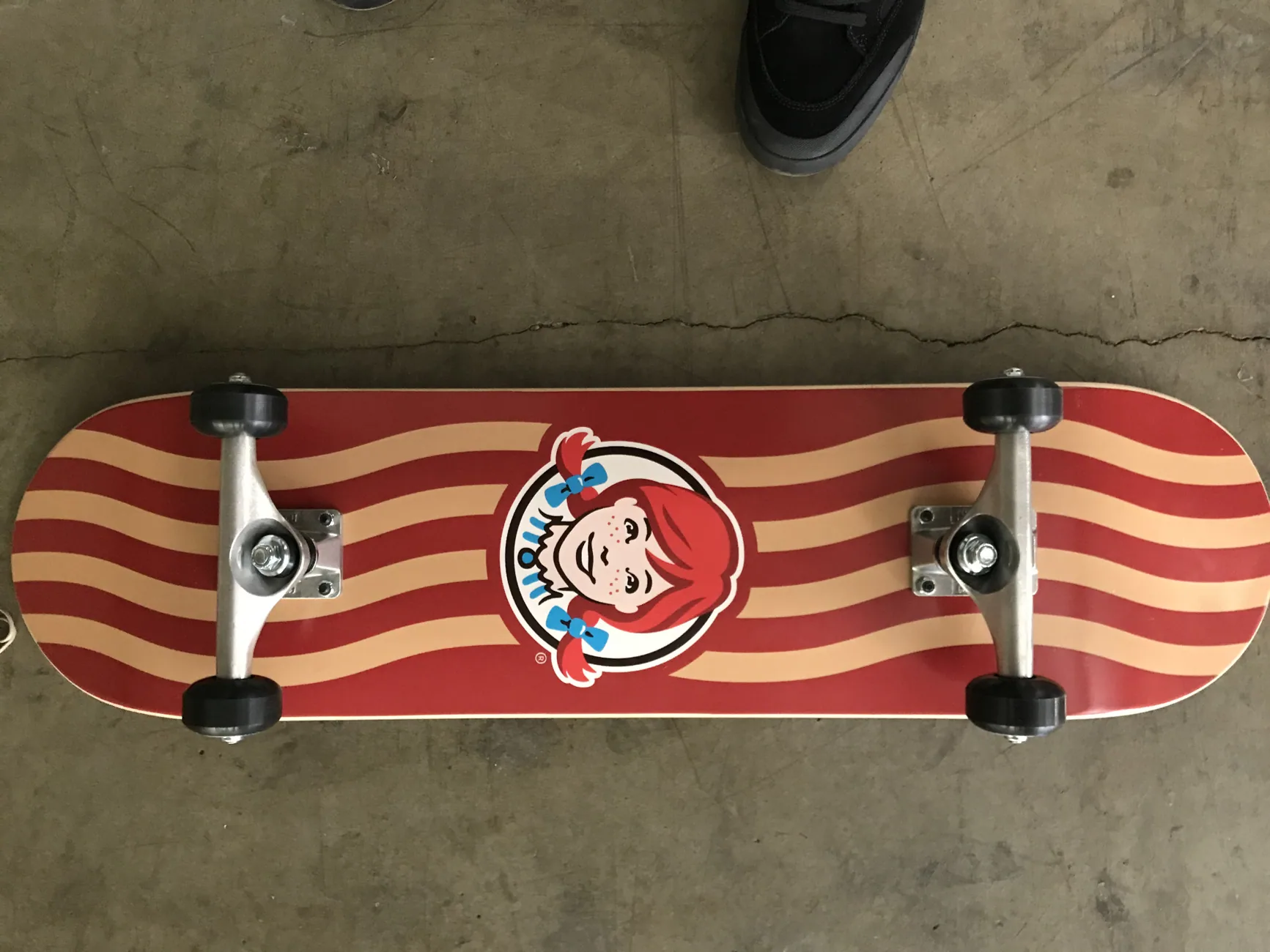 Custom Wendy's Bacon skateboard deck, underside